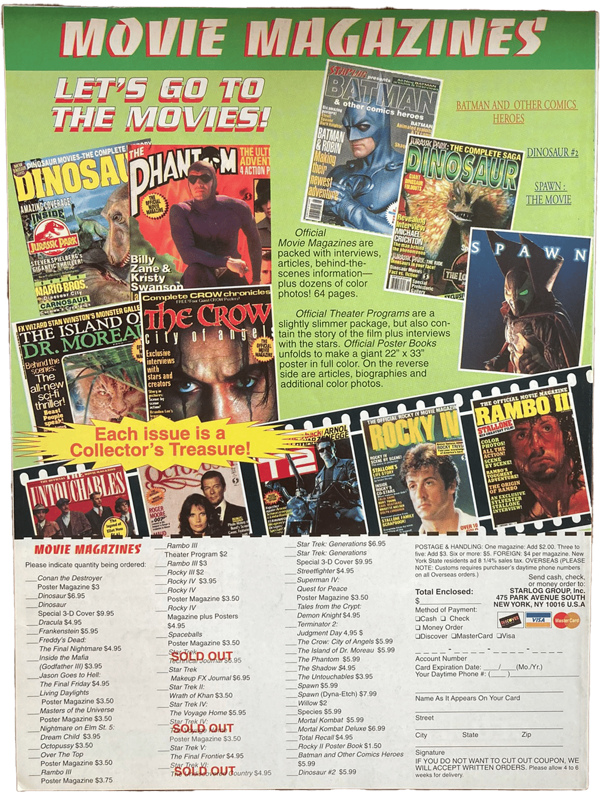 Vintage advertisement for movie magazines featuring various covers and text on a green background.