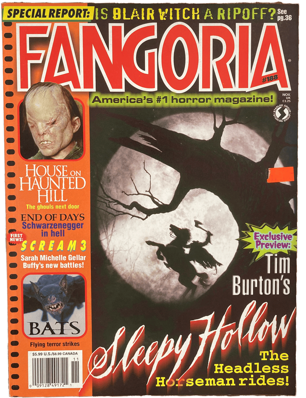 Cover of Fangoria magazine #188 featuring Legend of Sleepy Hollow