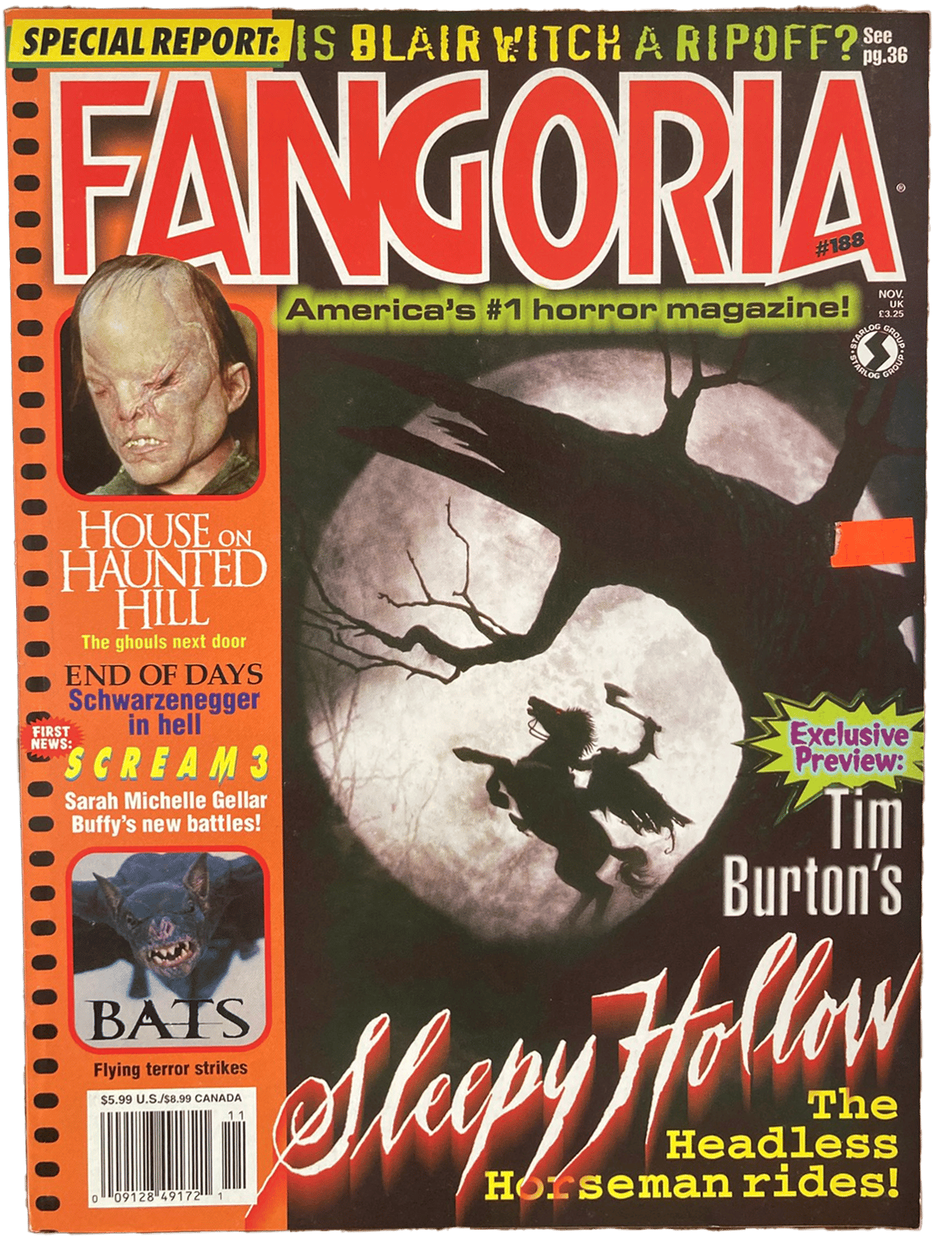 Cover of Fangoria magazine #188 featuring Legend of Sleepy Hollow