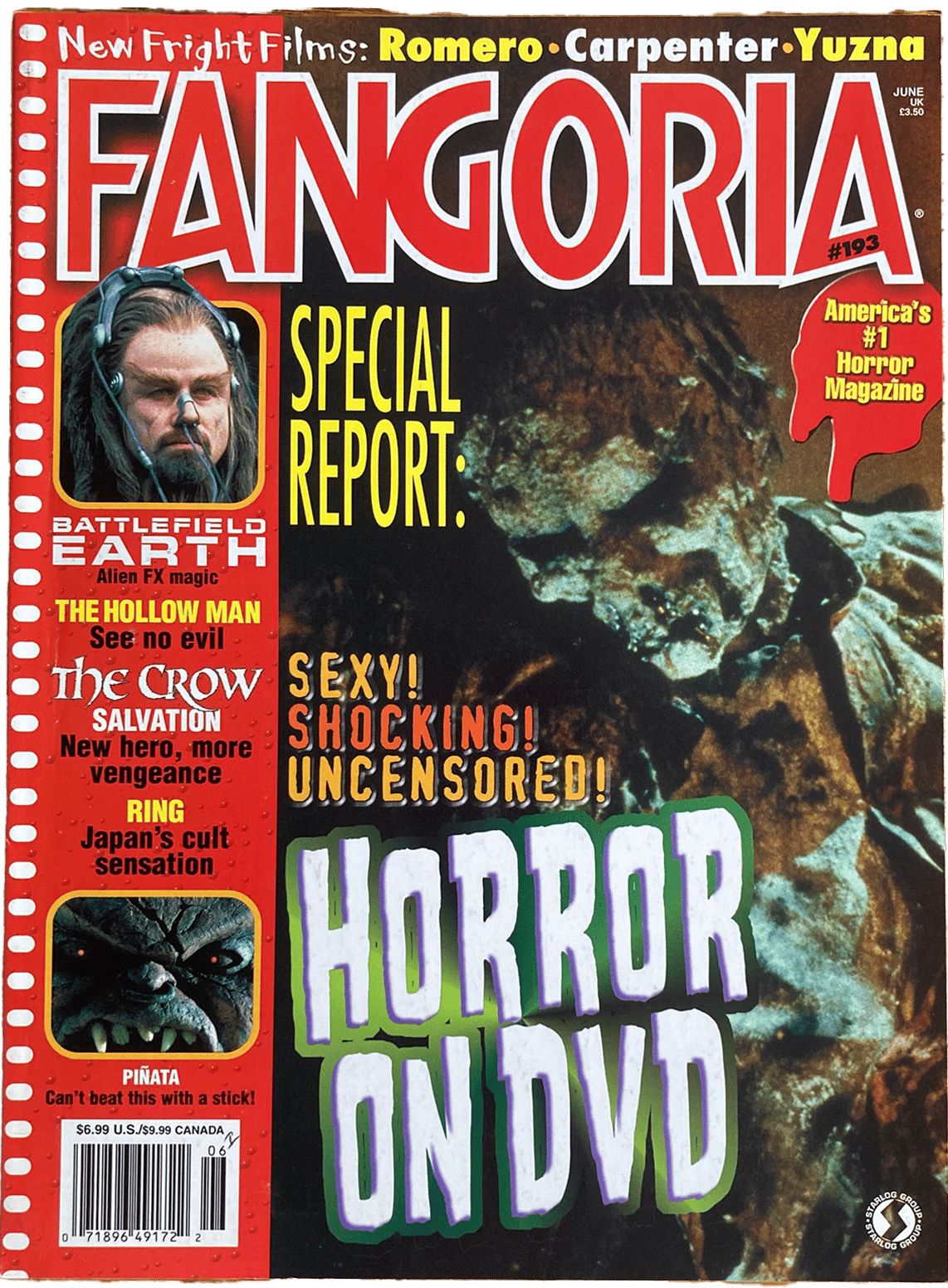 Magazine cover of Fangoria #193 featuring horror movie scenes and text.