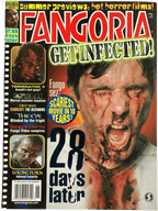 Magazine cover of Fangoria #223 featuring a horror movie review with a screaming person and text about '28 Days Later'.