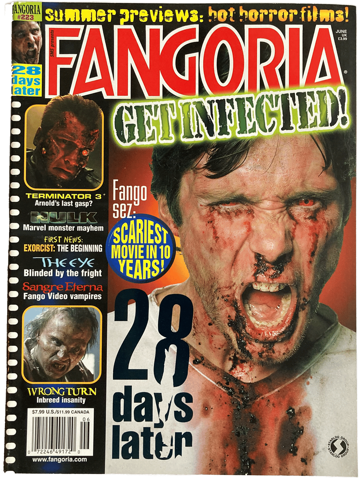 Magazine cover of Fangoria #223 featuring a horror movie review with a screaming person and text about '28 Days Later'.