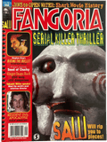 Magazine cover of Fangoria featuring horror movie references and a close-up of a mask.