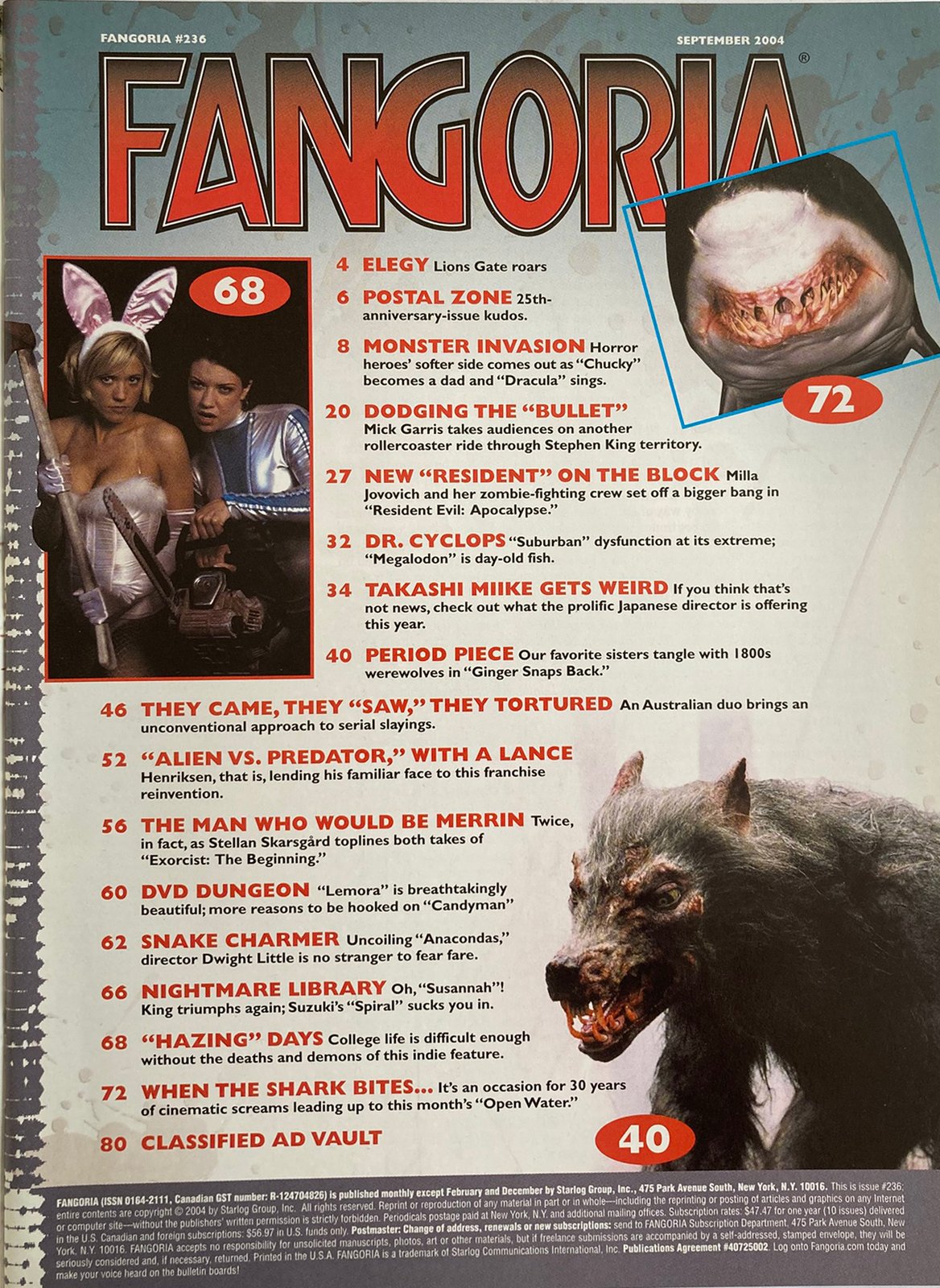Fangoria magazine cover with horror movie references and images.