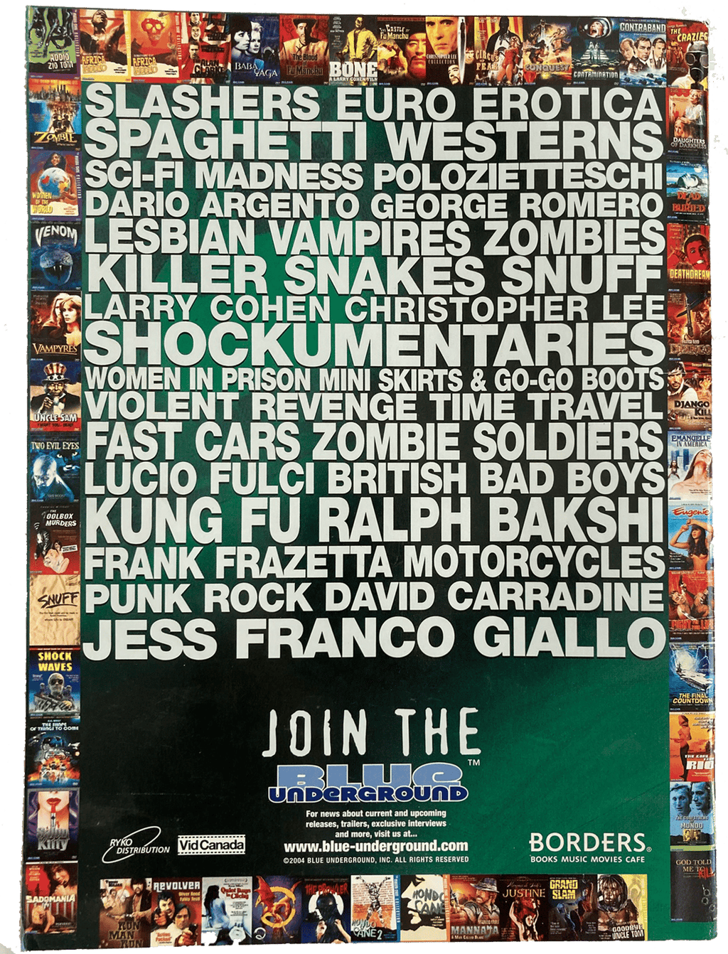 Promotional poster for a movie theater with various film genres listed and movie posters in the background.
