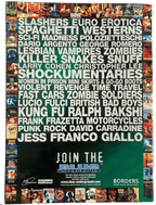 Promotional poster for a movie theater with various film genres listed and movie posters in the background.