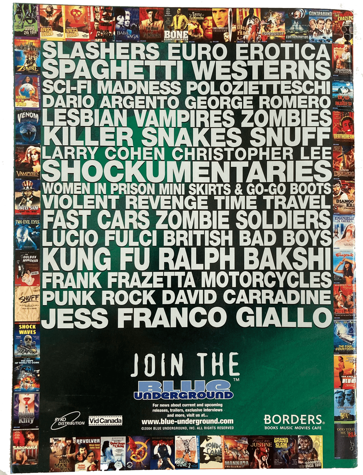 Promotional poster for a movie theater with various film genres listed and movie posters in the background.