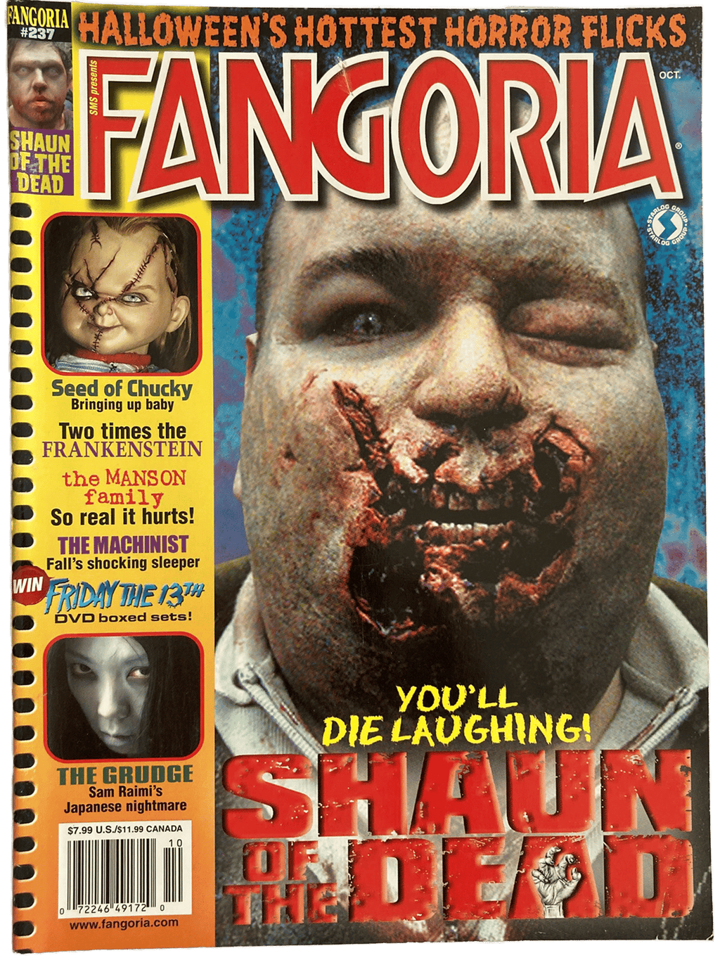 Magazine cover of Fangoria #237 featuring 'Shaun of the Dead' with a zombie-themed layout.