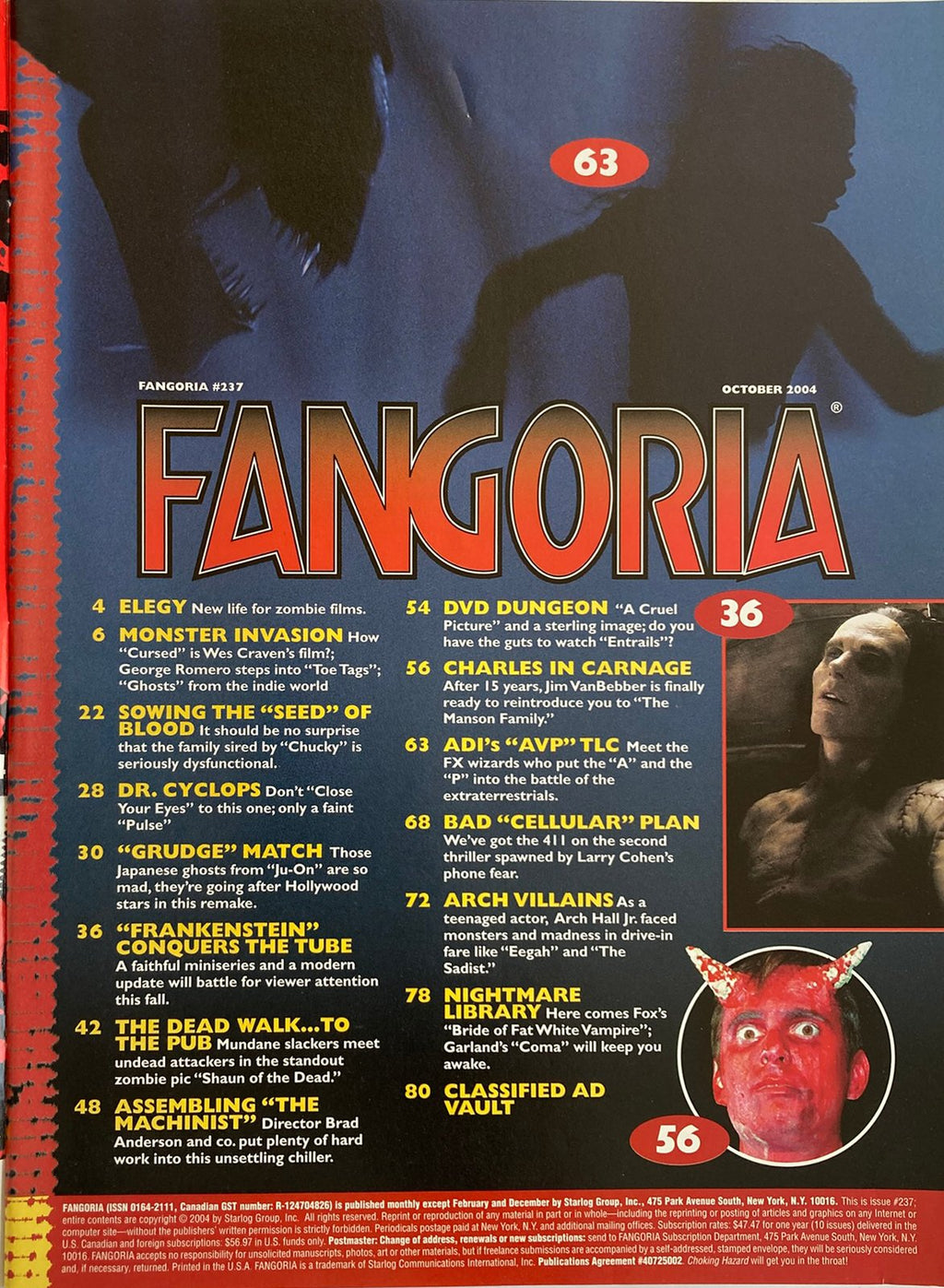 Fangoria magazine #237 table of contents with horror-themed layout and text