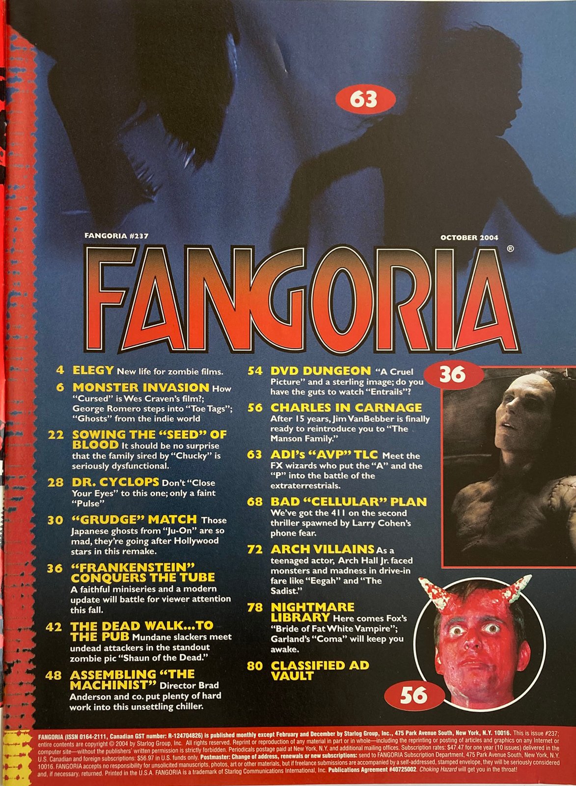 Fangoria magazine #237 table of contents with horror-themed layout and text