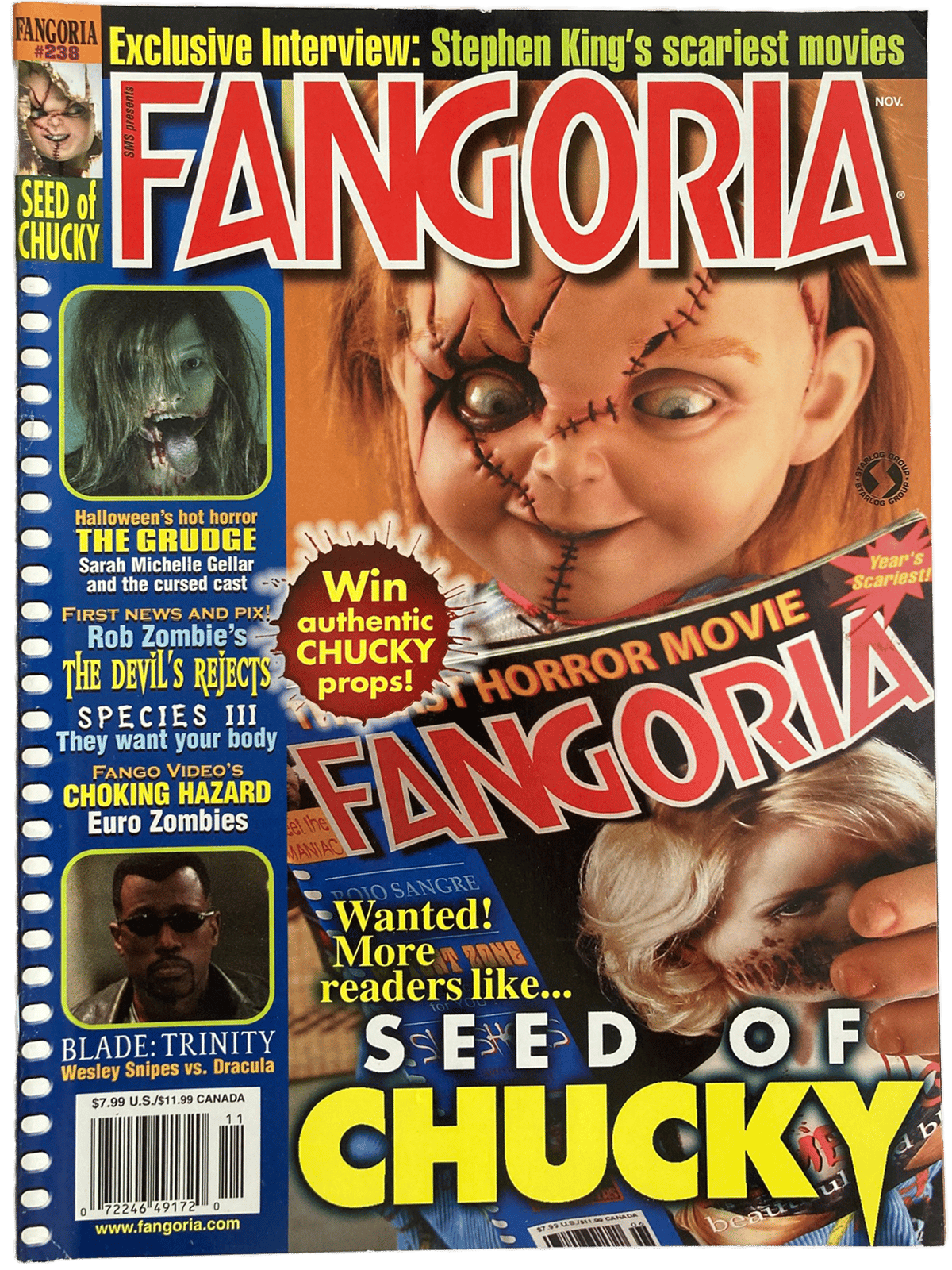 Magazine cover of Fangoria #238 featuring Seed of Chucky and interviews.