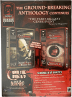 Promotional poster for 'Masters of Horror' anthology series with images of VHS tapes and text.