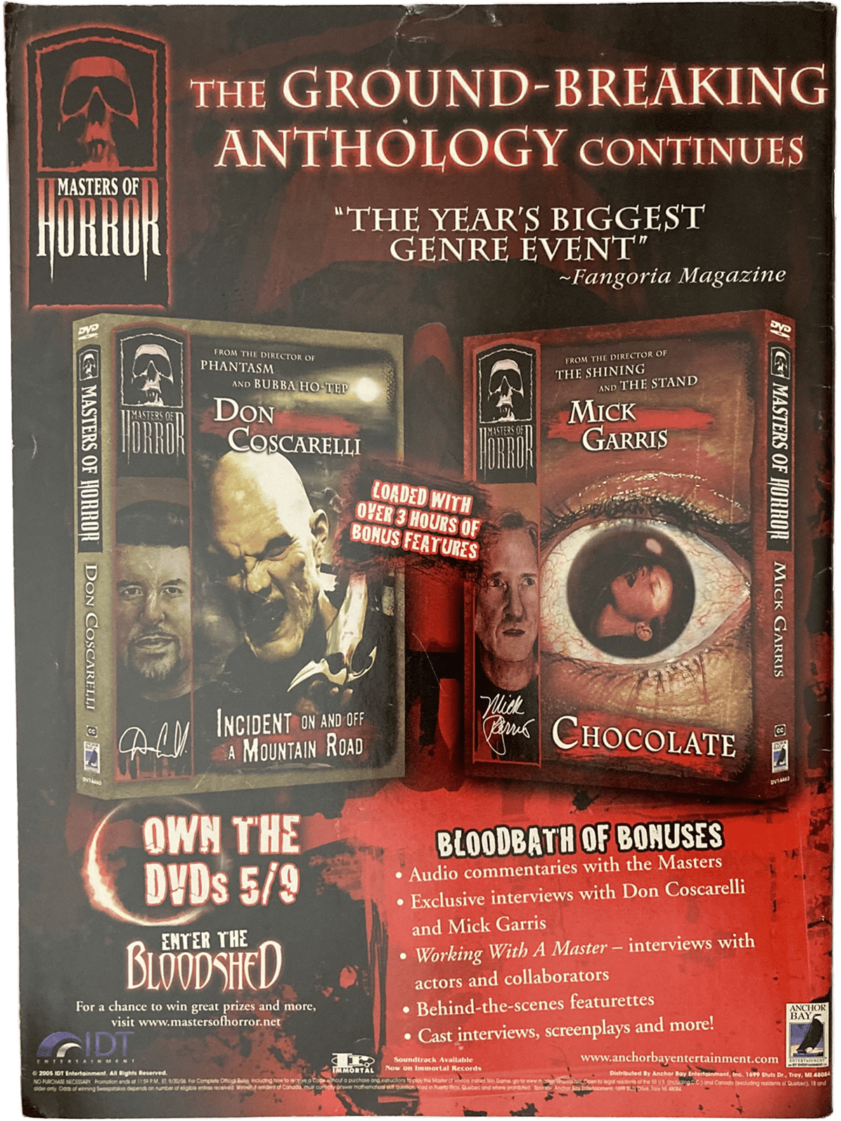 Promotional poster for 'Masters of Horror' anthology series with images of VHS tapes and text.