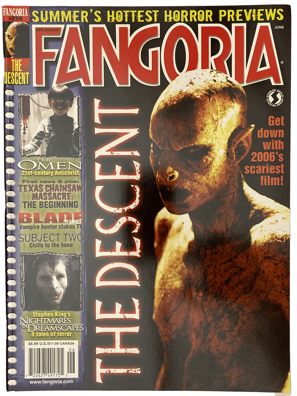 Magazine cover of Fangoria #254 featuring horror movie previews and 'The Descent' cover.