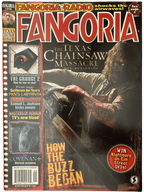 Magazine cover of Fangoria #256 featuring 'The Texas Chainsaw Massacre' with a horror theme.