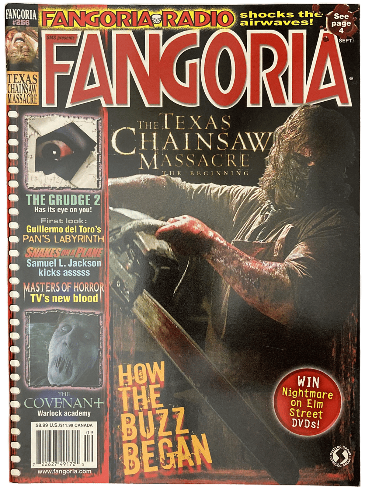 Magazine cover of Fangoria #256 featuring 'The Texas Chainsaw Massacre' with a horror theme.