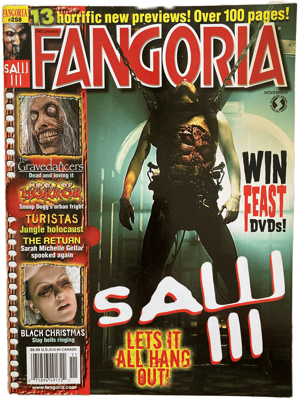 Magazine cover of Fangoria featuring 'Saw III' with horror movie images and text.