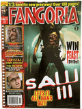 Magazine cover of Fangoria featuring 'Saw III' with horror movie images and text.