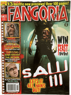 Magazine cover of Fangoria featuring 'Saw III' with horror movie images and text.