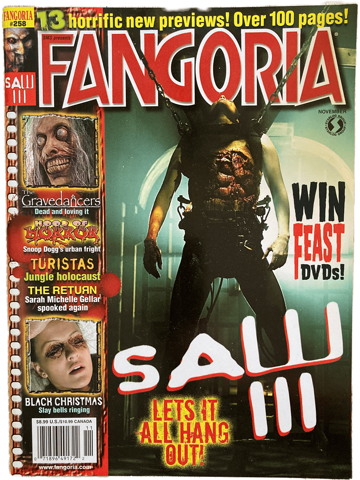 Magazine cover of Fangoria featuring 'Saw III' with horror movie images and text.