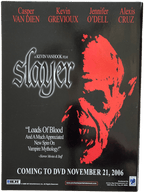 Movie poster for 'Slayer' with red face design and text about release date and cast.