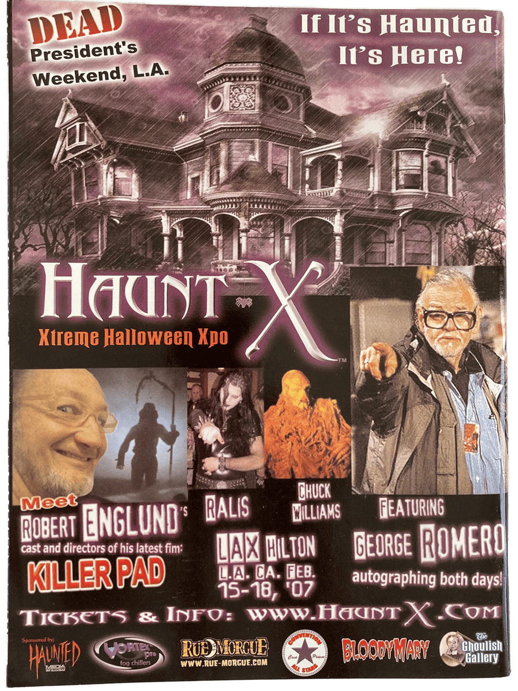 Promotional poster for Haunt X Xtreme Halloween Expo featuring a haunted house and images of event attendees.
