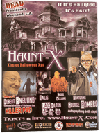 Promotional poster for Haunt X Xtreme Halloween Expo featuring a haunted house and images of event attendees.