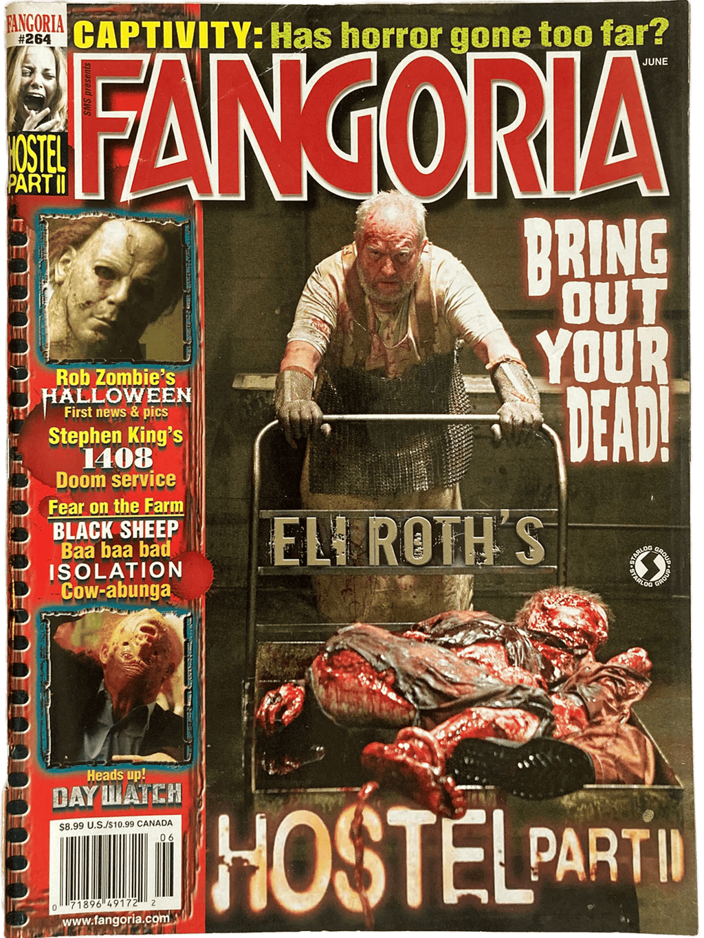 Magazine cover of Fangoria featuring 'Hostel Part II' with a man in a coffin and text about horror movies.