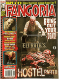 Magazine cover of Fangoria featuring 'Hostel Part II' with a man in a coffin and text about horror movies.