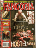Magazine cover of Fangoria featuring 'Hostel Part II' with a man in a coffin and text about horror movies.