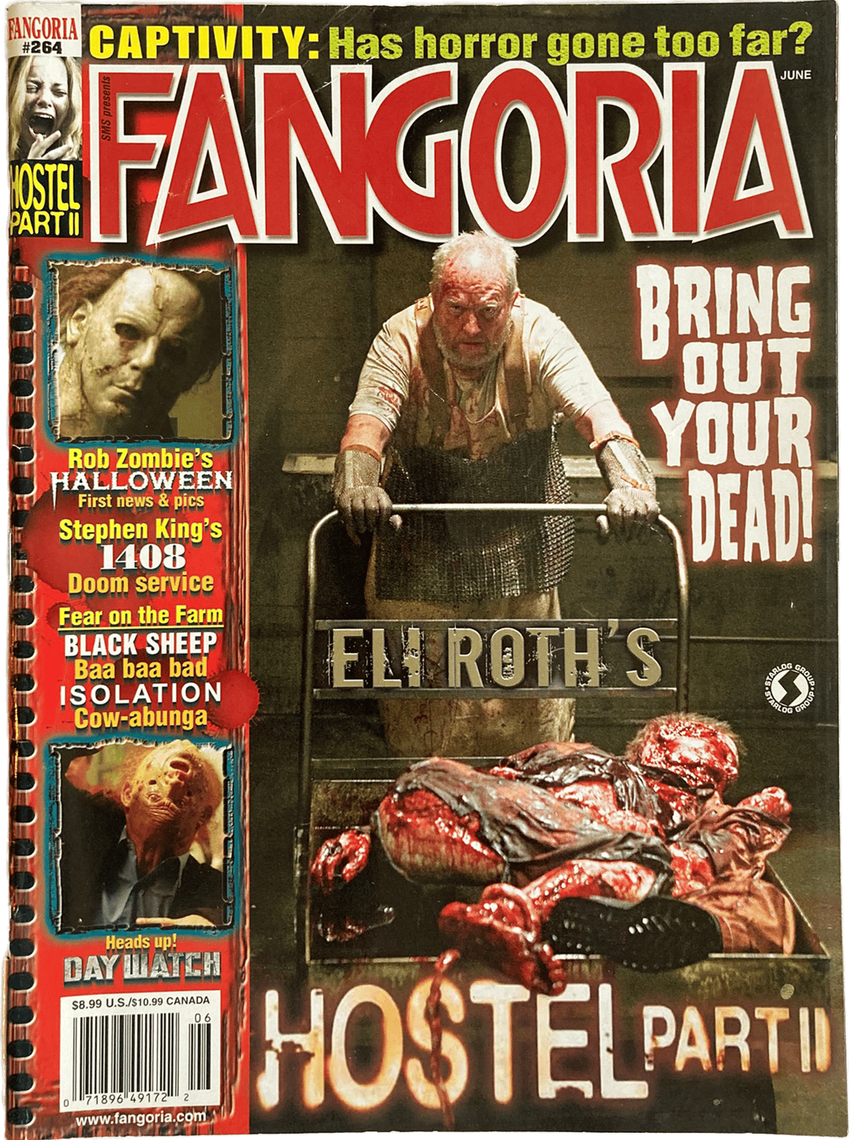 Magazine cover of Fangoria featuring 'Hostel Part II' with a man in a coffin and text about horror movies.