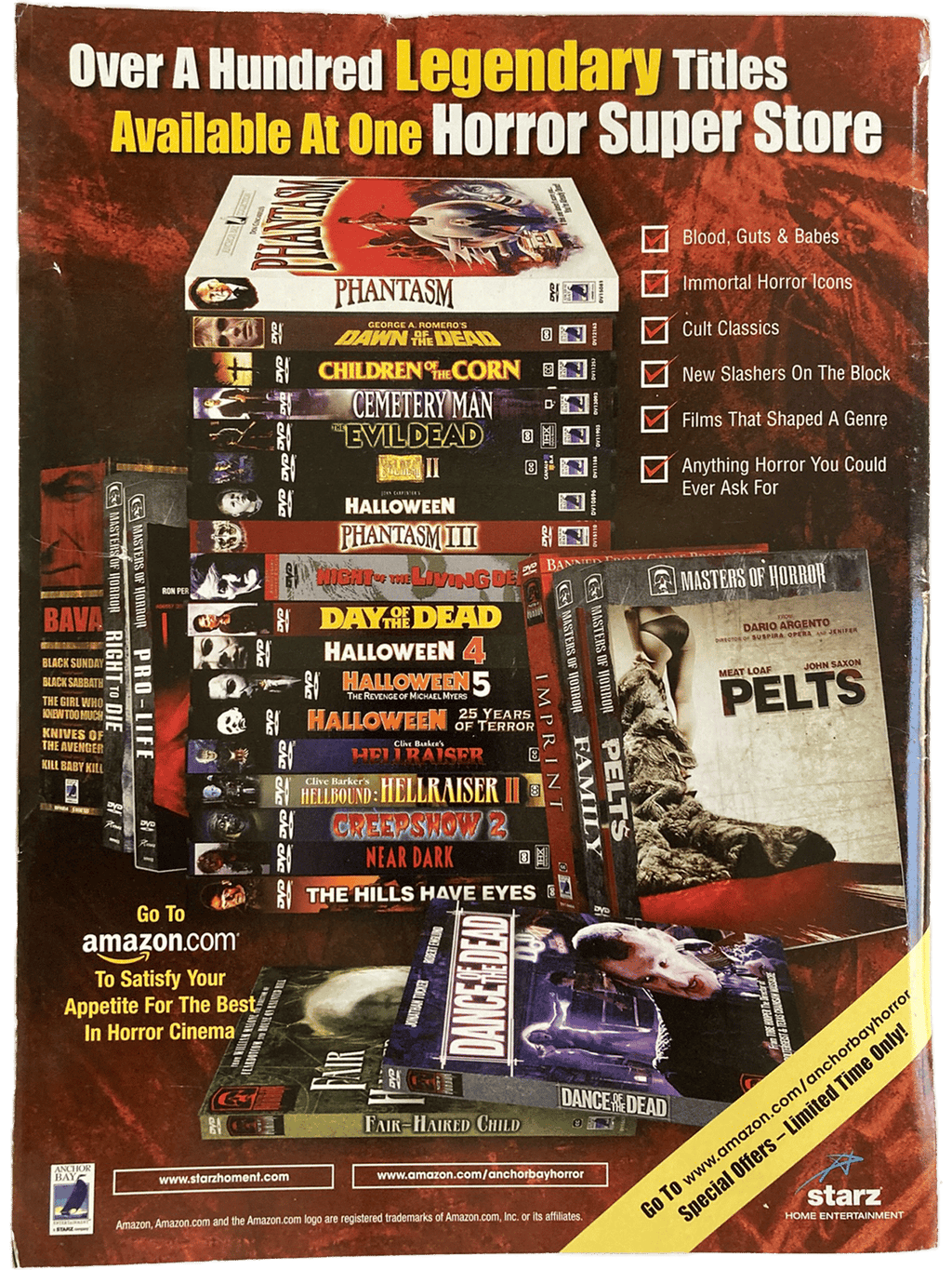 Advertisement for a horror movie store with various movie titles displayed.