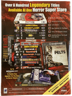 Advertisement for a horror movie store with various movie titles displayed.