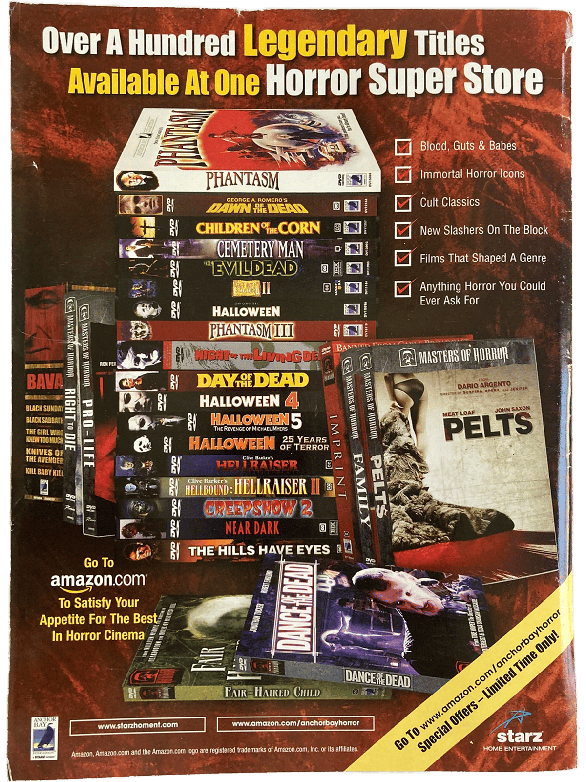 Advertisement for a horror movie store with various movie titles displayed.
