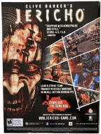 Advertisement for Clive Barker's Jericho game on a black background with images of a creature and text.