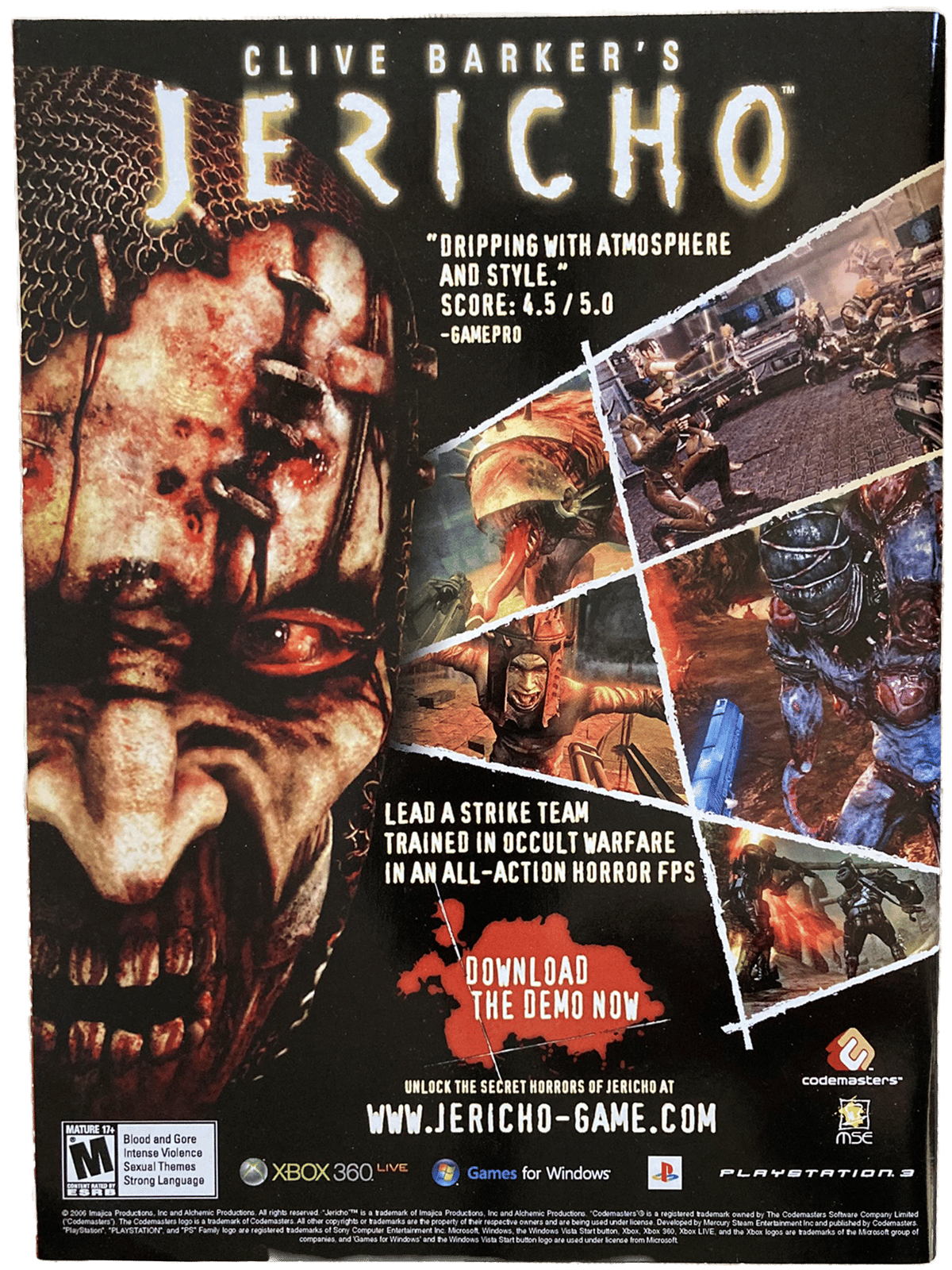 Advertisement for Clive Barker's Jericho game on a black background with images of a creature and text.