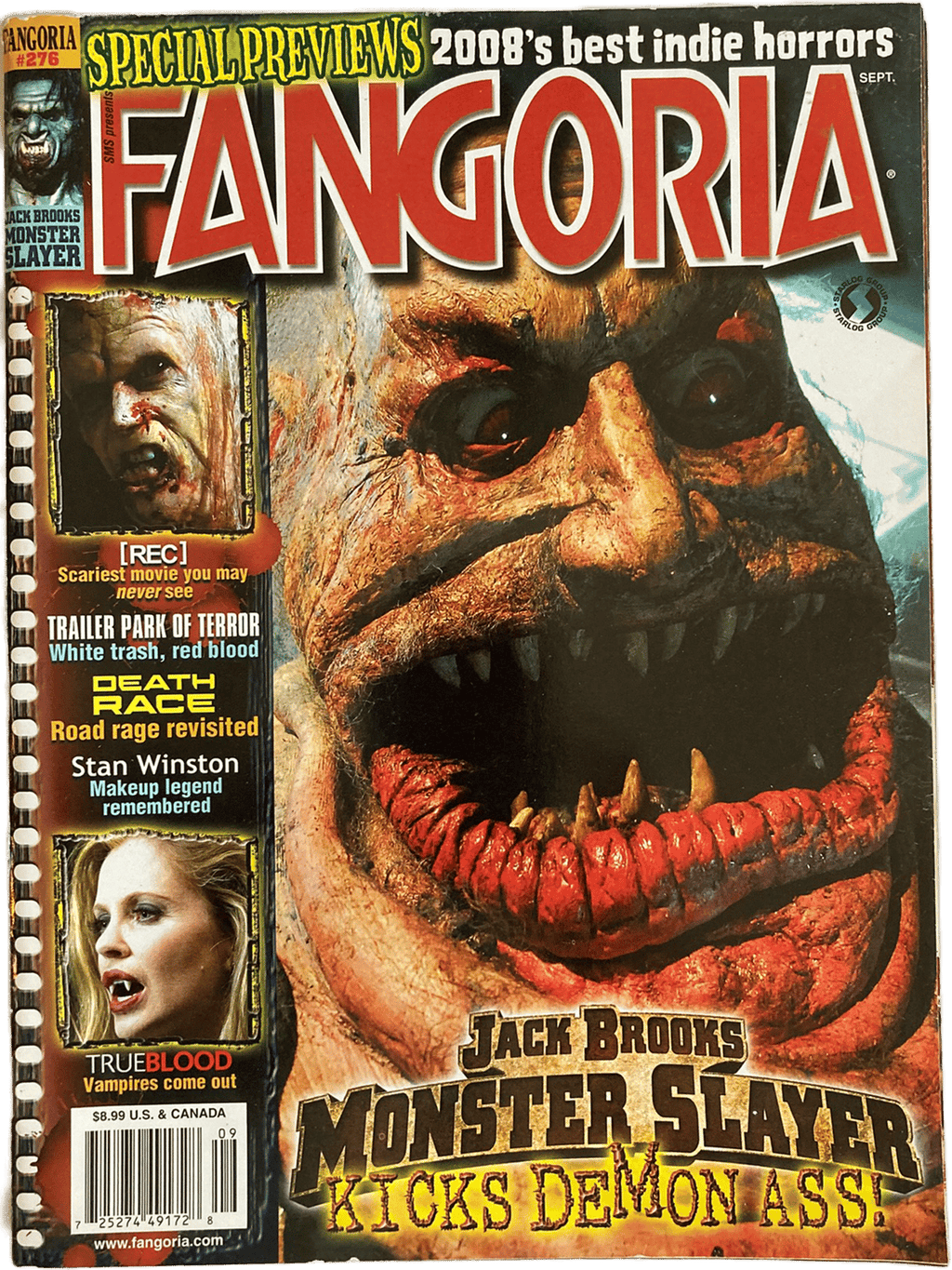 Magazine cover of Fangoria #276 featuring a creature with a menacing expression and text about 'Monster Slayer'.