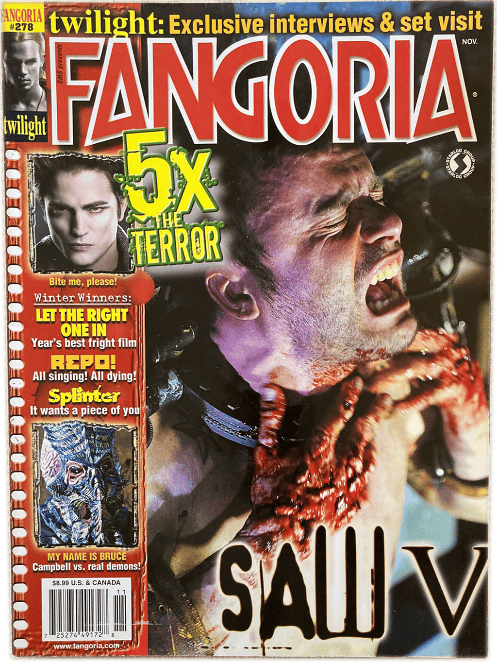 Magazine cover of Fangoria featuring 'Saw V' with horror-themed text and images.