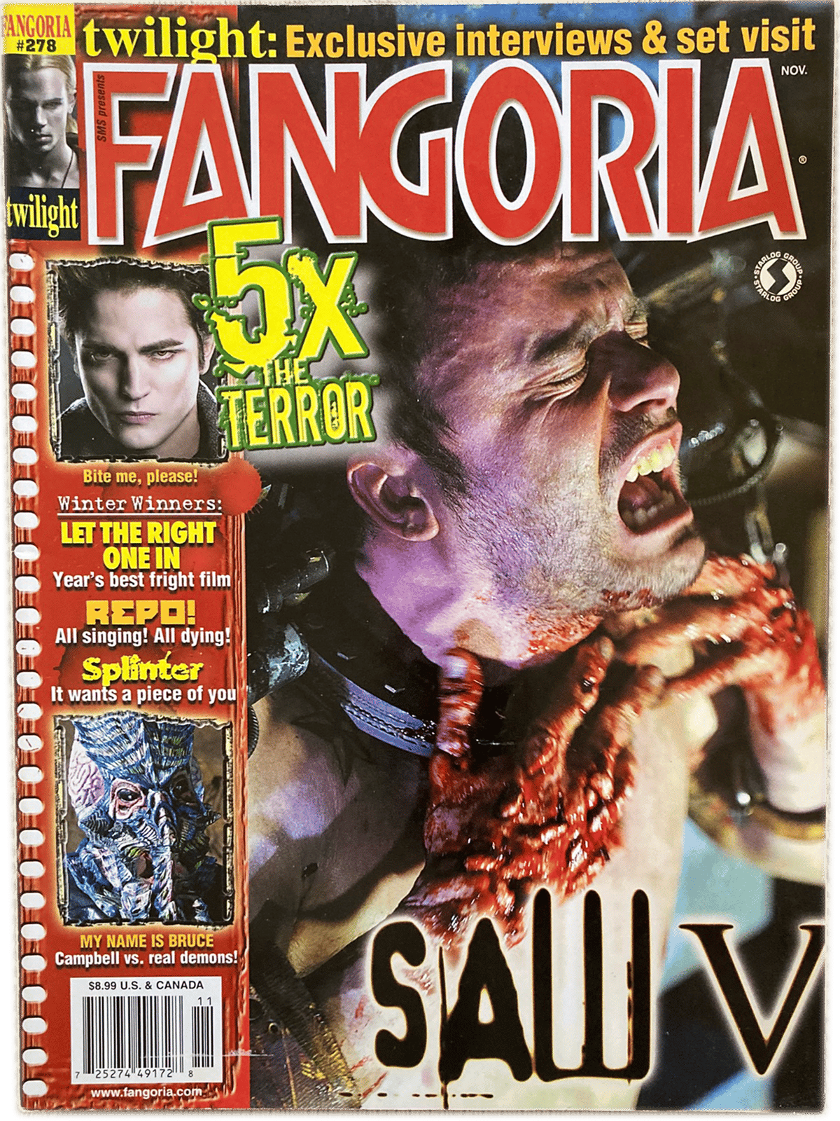 Magazine cover of Fangoria featuring 'Saw V' with horror-themed text and images.