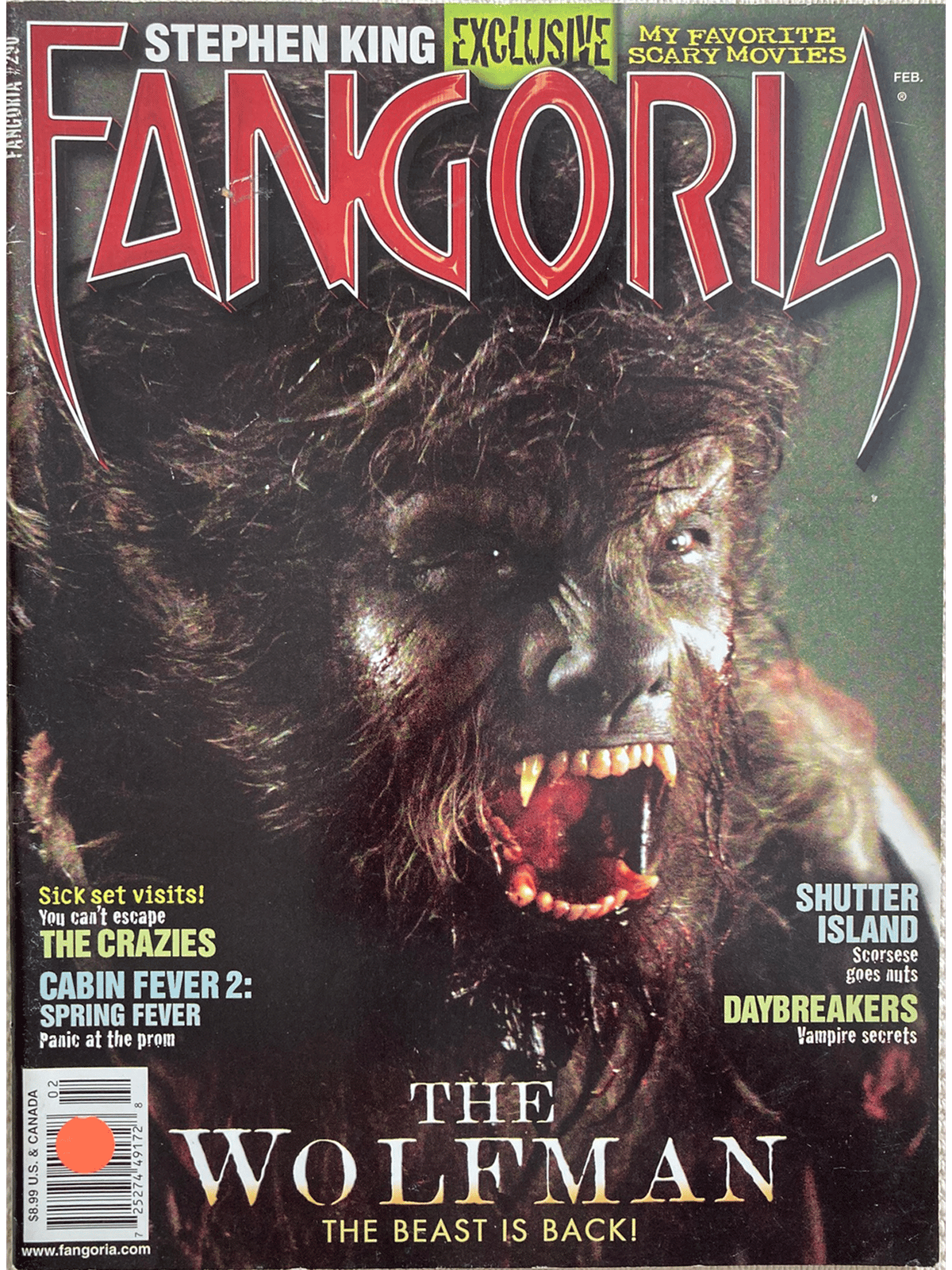 Magazine cover of Fangoria #290  featuring a werewolf with text about movies.