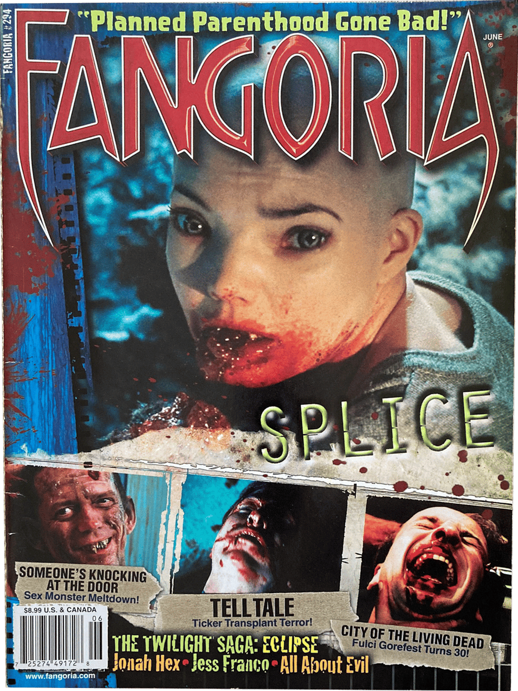 Magazine cover of Fangoria #294 featuring a horror movie scene with text 'Splice' and other horror-themed elements.