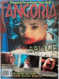 Magazine cover of Fangoria #294 featuring a horror movie scene with text 'Splice' and other horror-themed elements.