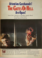 Vintage magazine cover with horror movie scenes and text about 'The Gates of Hell' by Lucio Fulci.