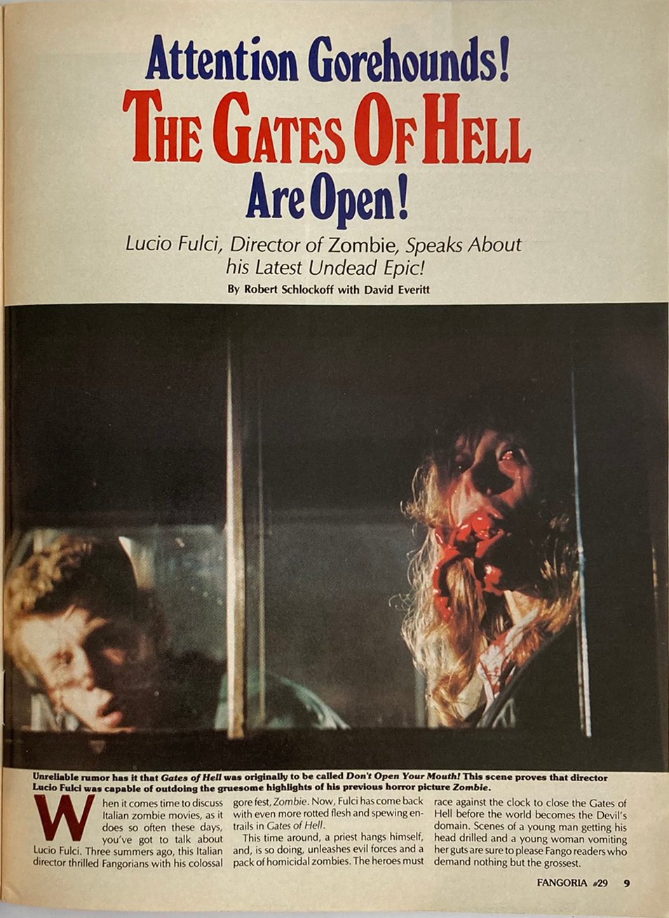 Vintage magazine cover with horror movie scenes and text about 'The Gates of Hell' by Lucio Fulci.