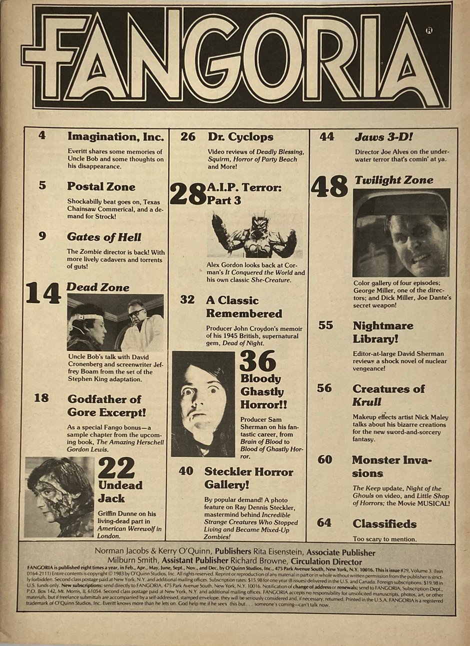 Vintage magazine cover of 'Fangoria' with horror movie references and images.