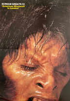 Close-up of a person's face with a dark background, featuring text 'Scream Greats #4 American Werewolf in London'.