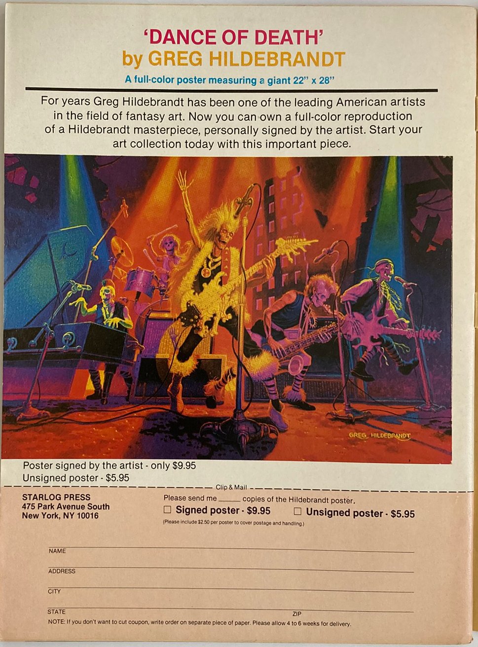 Advertisement for 'Dance of Death' poster by Greg Hildebrandt with colorful illustration of musicians and text.