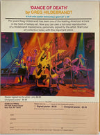 Advertisement for 'Dance of Death' poster by Greg Hildebrandt with colorful illustration of musicians and text.
