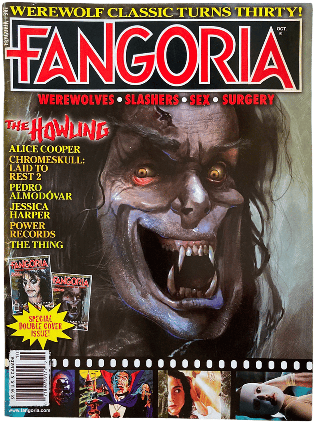 Magazine cover of Fangoria featuring a werewolf illustration with text about movie topics.