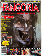 Magazine cover of Fangoria featuring a werewolf illustration with text about movie topics.